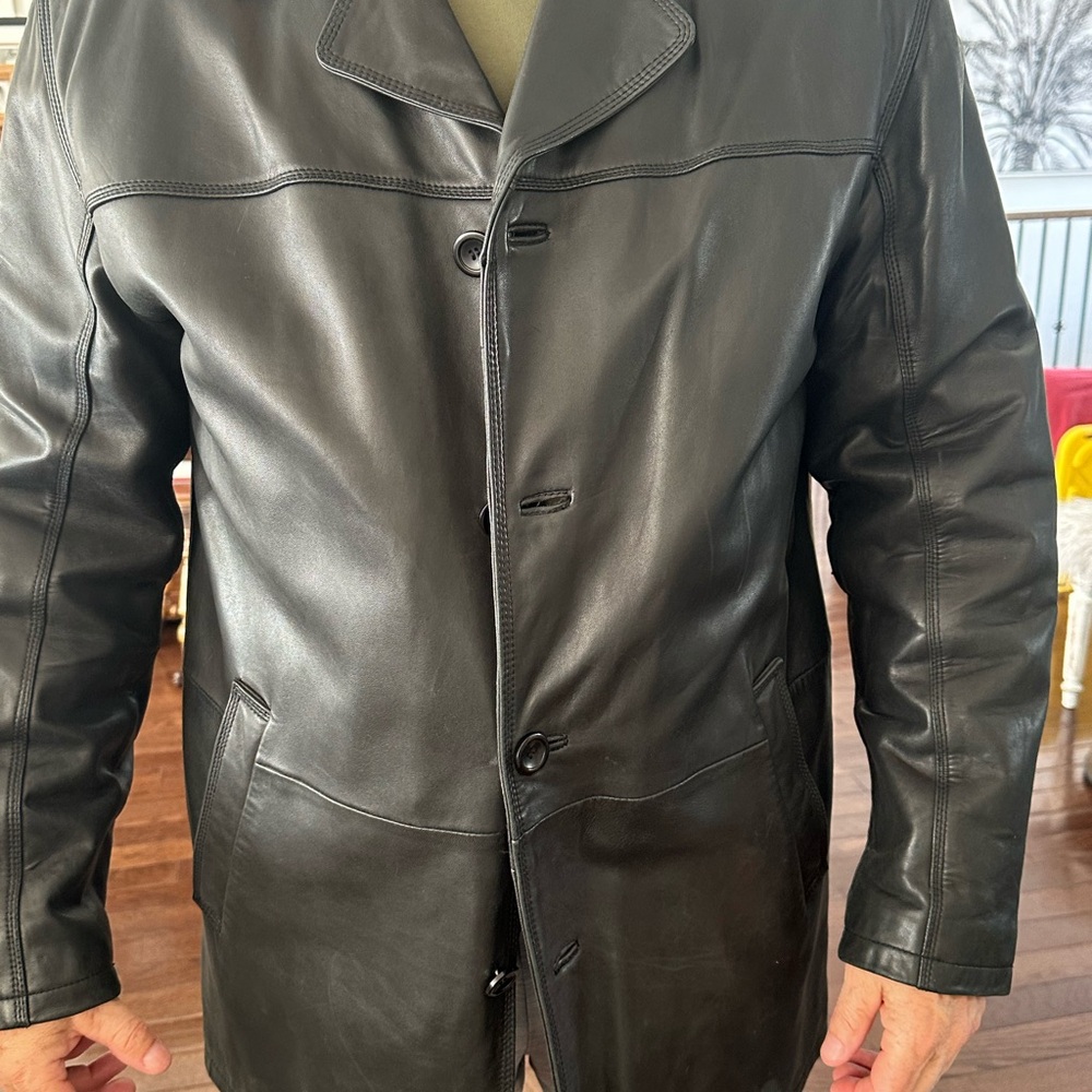 Men's Classic Black Leather Trench Coat